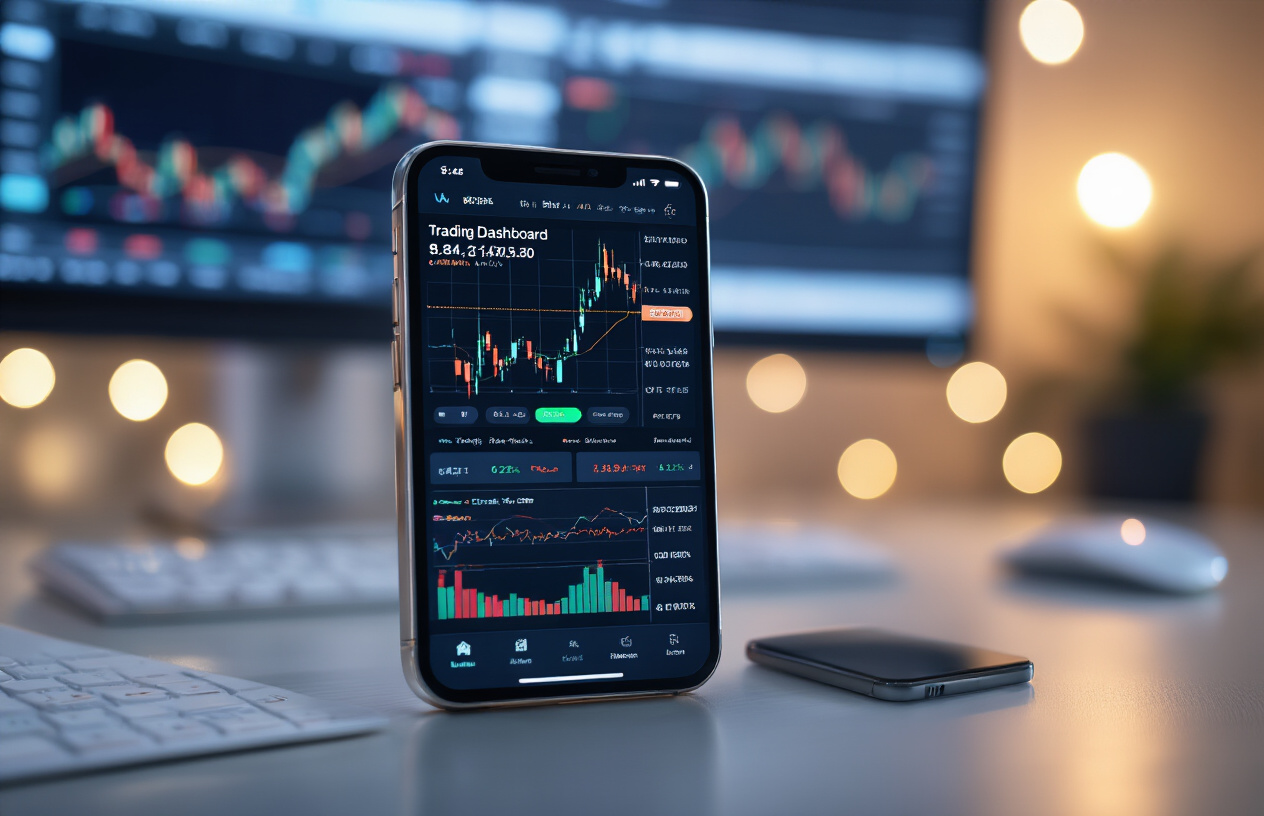 Create a realistic image of a professional-looking smartphone displaying a trading dashboard with real-time charts and automated trading indicators, placed on a sleek desk with a blurred background showing stock market data on a monitor, with soft ambient lighting creating a modern, tech-savvy atmosphere.