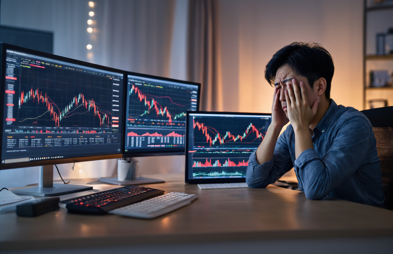 Create a realistic image of a stressed Asian male investor sitting at a modern desk with multiple computer monitors displaying volatile trading charts and red declining stock graphs, his hands covering his face in frustration while a sleek trading bot interface runs autonomously on one screen, set in a dimly lit home office with warm ambient lighting creating shadows that emphasize the psychological tension and emotional burden of automated trading decisions, Absolutely NO text should be in the scene.