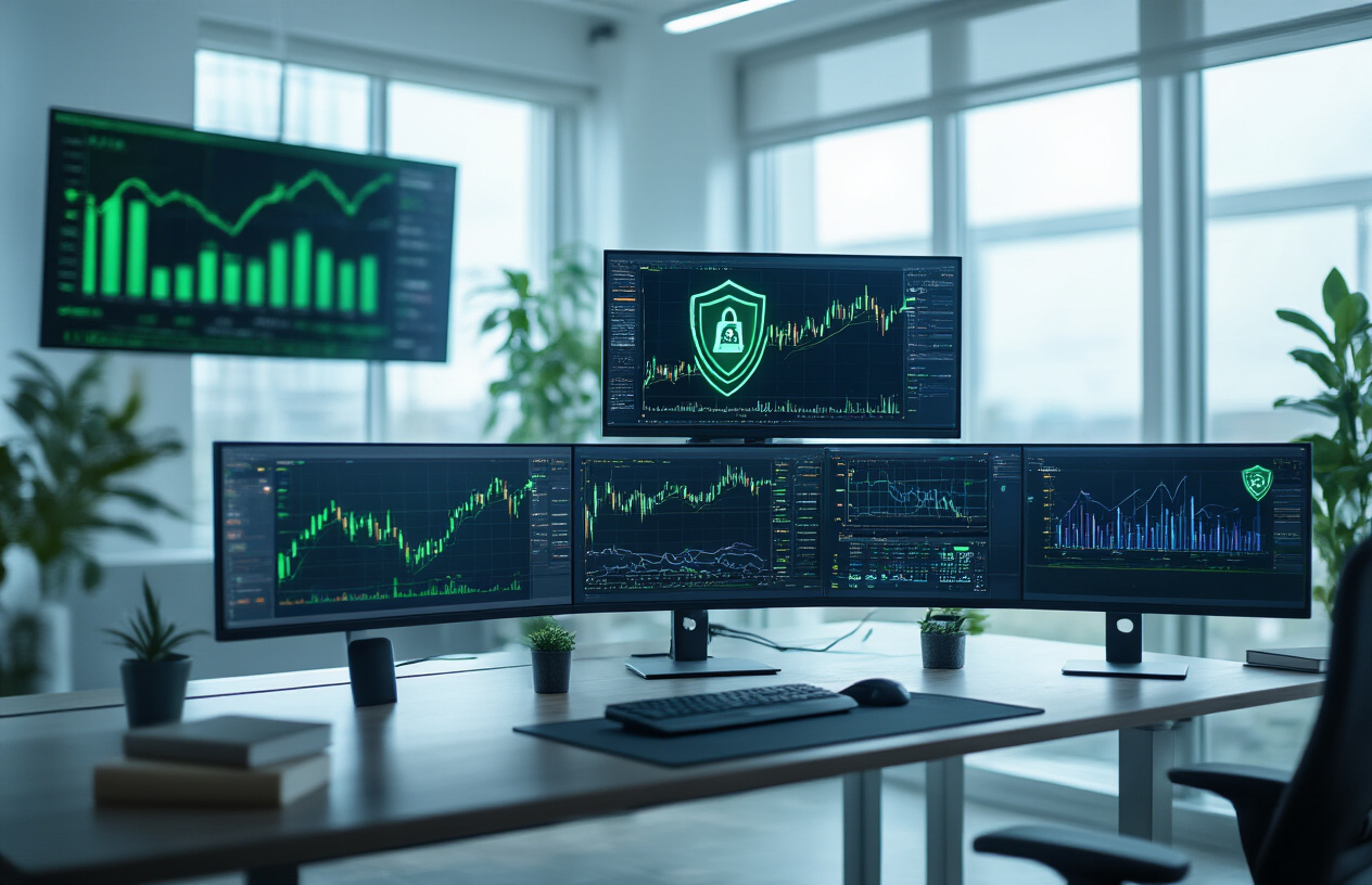 Create a realistic image of a professional trading workspace featuring multiple computer monitors displaying financial charts with green upward trends and protective shield icons overlaying the data, a sleek modern desk with a sophisticated AI-powered trading platform interface visible on screens, risk assessment graphs with safety indicators, a clean minimalist office environment with soft natural lighting from large windows, cool blue and green color tones suggesting security and stability, floating digital elements representing AI algorithms and protective barriers around financial data, absolutely NO text should be in the scene.
