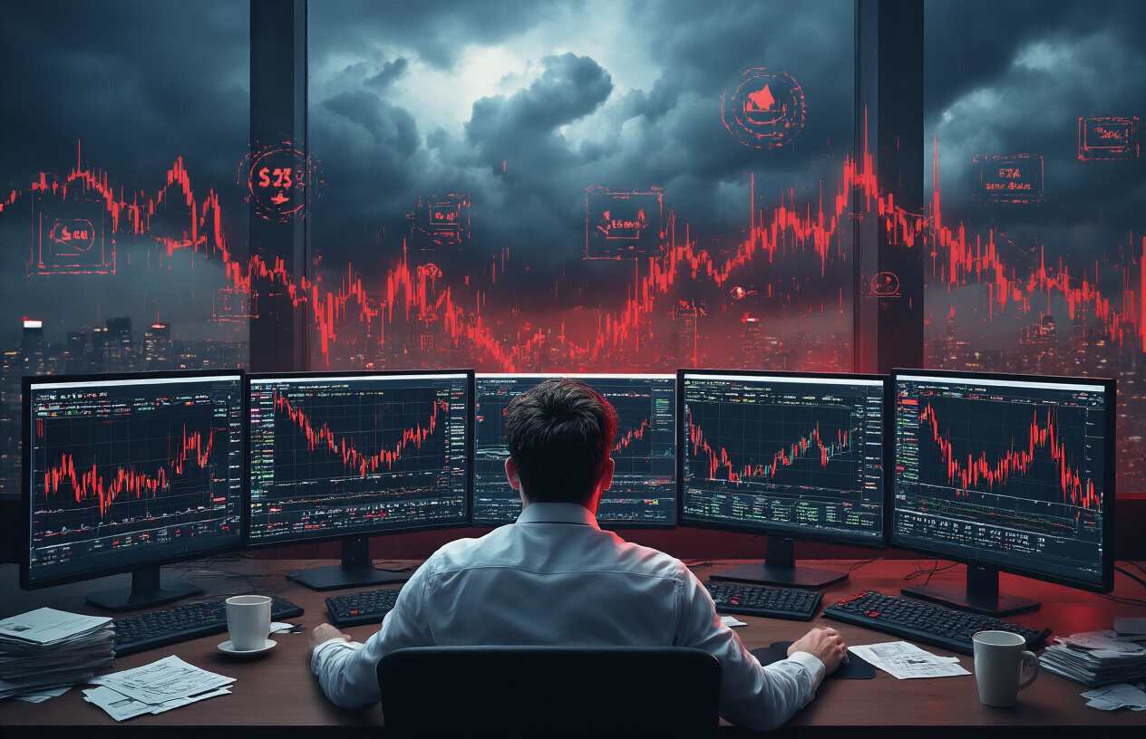 Create a realistic image of a chaotic financial trading environment with multiple computer screens displaying volatile stock market charts with dramatic red downward arrows and erratic price movements, a stressed white male trader sitting at a desk looking overwhelmed while staring at the turbulent market data, trading bot icons and algorithmic symbols floating around the screens showing they cannot control the extreme market fluctuations, dark stormy clouds visible through office windows in the background creating an ominous atmosphere, red emergency lighting illuminating the scene to emphasize the crisis situation, scattered financial documents and coffee cups on the desk suggesting long stressful hours, absolutely NO text should be in the scene.