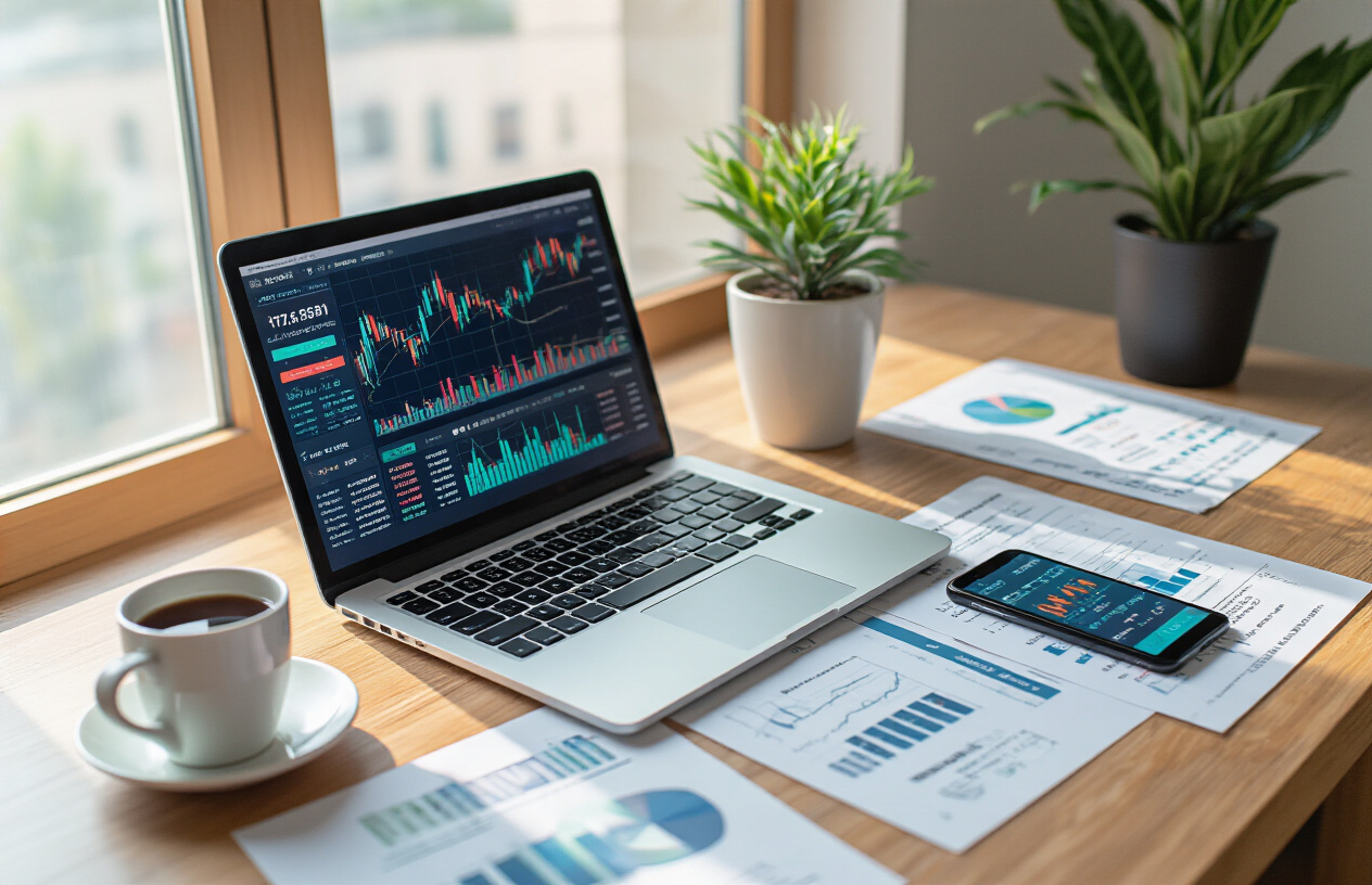 Create a realistic image of a modern desk setup showing the intersection of AI and investing, featuring a sleek laptop displaying colorful investment dashboard charts and graphs, a smartphone with a trading app interface, scattered financial documents and reports, a coffee cup, and a small potted plant, with soft natural lighting from a window casting gentle shadows across the workspace, creating a professional yet approachable atmosphere that represents the conclusion of learning about AI-powered investment tools, absolutely NO text should be in the scene.