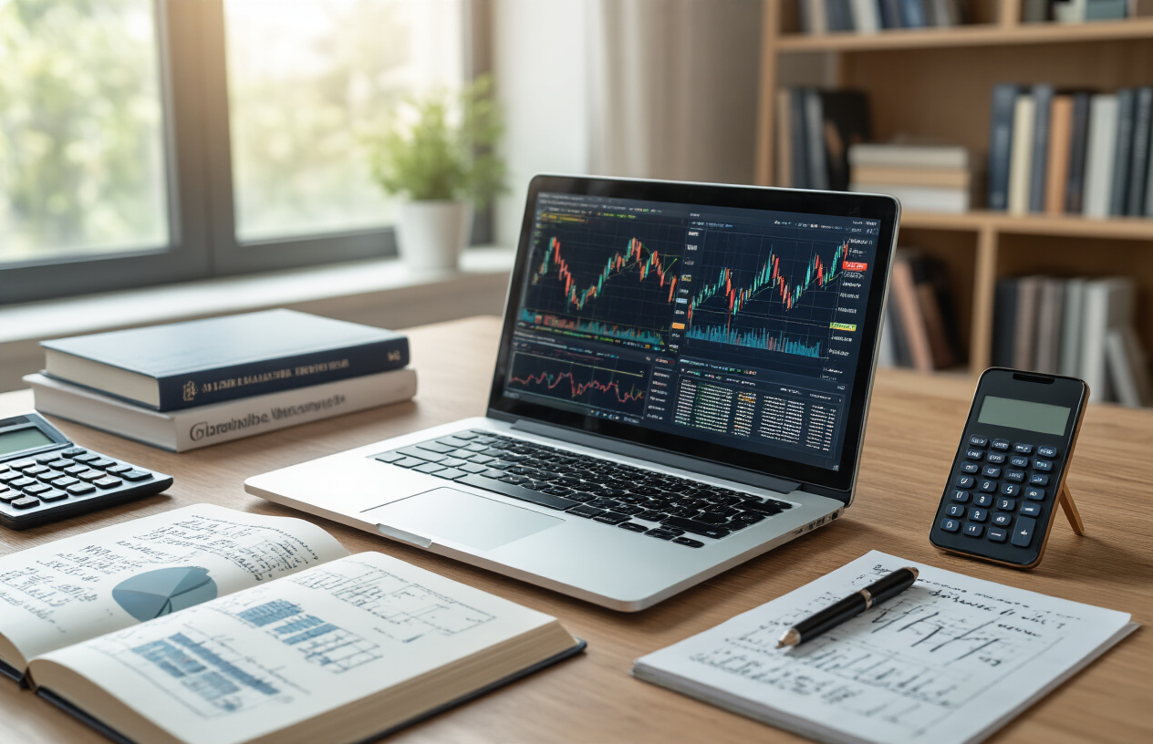 Create a realistic image of a professional workspace showing essential trading skills and knowledge requirements, featuring an open laptop displaying financial charts and graphs, surrounded by educational materials including financial textbooks, programming code printouts, and mathematical formulas on paper, with a calculator, notepad with handwritten notes about market analysis, and a smartphone showing trading apps on a clean wooden desk, soft natural lighting from a window, modern office environment with a bookshelf containing finance and technology books in the background, absolutely NO text should be in the scene.