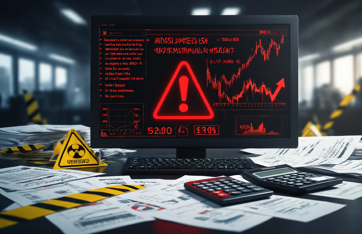 Create a realistic image of a dark computer screen displaying red warning symbols, error messages, and declining financial charts with downward arrows, surrounded by scattered financial documents showing losses, a calculator with negative numbers, and warning signs like caution tape or hazard symbols in the foreground, set against a dimly lit office environment with dramatic shadows to convey danger and financial risk, absolutely NO text should be in the scene.