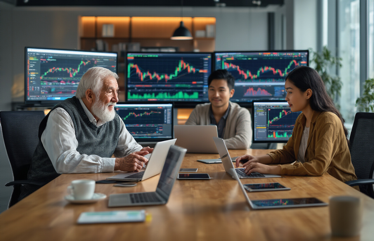Create a realistic image of a diverse group of people of different ages and backgrounds sitting around a modern conference table with laptops and tablets, showing a white elderly male trader mentoring a young black female beginner, while an Asian male in his 30s and a Hispanic female in her 40s are also engaged in learning about trading platforms, with multiple computer screens displaying colorful trading charts and graphs in the background, warm professional lighting creating an inclusive and welcoming atmosphere in a contemporary office setting, absolutely NO text should be in the scene.
