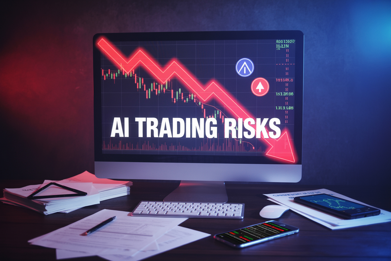 Create a realistic image of a modern computer screen displaying trading charts with red downward trending arrows and warning symbols, surrounded by scattered financial documents and a smartphone showing market alerts, with a dark and tense atmosphere created by dim blue-red lighting, featuring the text "AI Trading Risks" prominently displayed on the screen, conveying the serious financial dangers and uncertainties associated with automated trading systems.