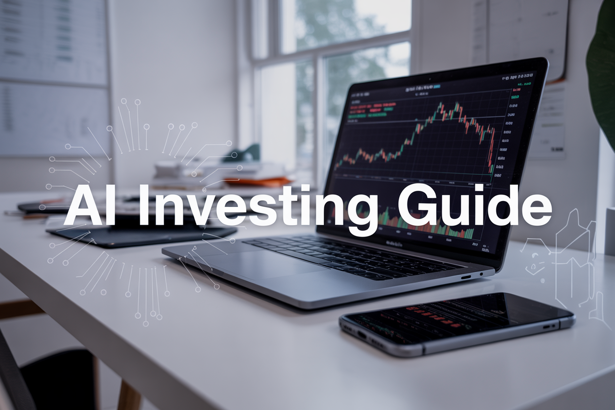 Create a realistic image of a modern minimalist workspace featuring a laptop computer displaying colorful financial charts and graphs on screen, with a sleek smartphone nearby showing a mobile trading app interface, surrounded by subtle AI/technology elements like geometric patterns or circuit board designs in the background, soft natural lighting from a window, clean white desk surface, with the text "AI INVESTING GUIDE" prominently displayed in modern sans-serif font overlay, conveying a professional and approachable atmosphere for beginner investors exploring automated investment tools.