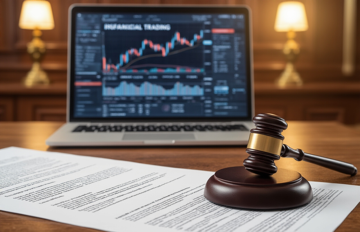 Create a realistic image of a professional courtroom or legal office setting with a wooden judge's gavel resting on a sound block next to legal documents and regulatory compliance papers, with a laptop computer displaying financial trading charts and AI bot interfaces in the background, warm professional lighting illuminating the scene, creating a serious and authoritative atmosphere that represents the intersection of legal regulations and AI trading technology, absolutely NO text should be in the scene.