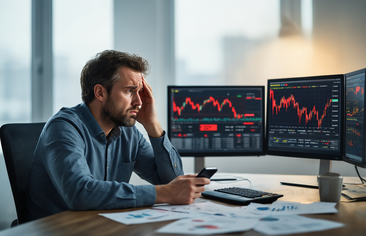 Create a realistic image of a concerned white male investor in his 30s sitting at a modern desk looking worriedly at multiple computer screens displaying declining red stock charts and warning symbols, with a smartphone showing market alerts beside him, dramatic lighting with shadows casting across his face to emphasize anxiety, modern office background with financial documents scattered on the desk, moody atmosphere suggesting uncertainty and risk in automated trading, absolutely NO text should be in the scene.