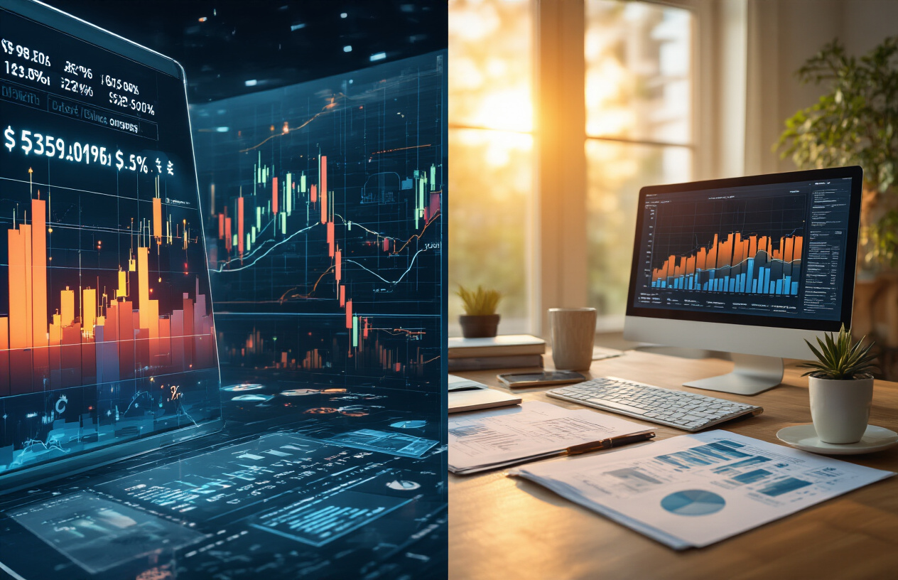 Create a realistic image of a split-screen composition showing contrasting elements: on the left side, glossy marketing materials with exaggerated profit charts and flashy graphics in bright colors, and on the right side, a more subdued realistic workspace with actual financial documents, modest graphs, and analytical tools on a desk, with warm natural lighting illuminating the realistic side while the marketing side has artificial bright lighting, creating a clear visual distinction between hype and reality in financial trading, absolutely NO text should be in the scene.