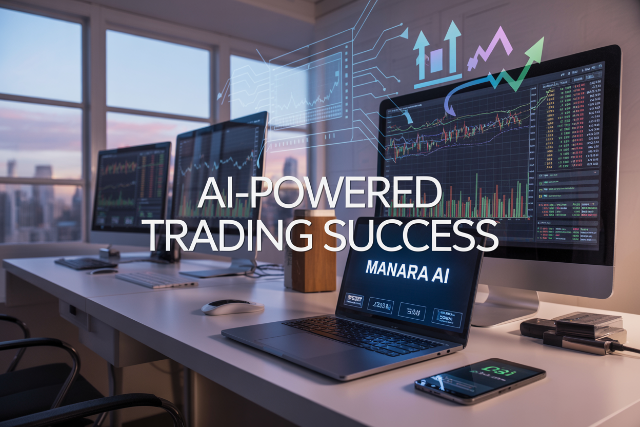 Create a realistic image of a modern trading workspace with multiple computer monitors displaying colorful financial charts, graphs, and AI analytics dashboards, a sleek laptop showing the "Manara AI" interface, floating holographic data visualizations and upward trending arrows in blue and green light, a clean white desk with a smartphone displaying trading notifications, soft ambient lighting from large windows showing a city skyline, professional atmosphere with subtle AI circuit patterns in the background, and the text "AI-Powered Trading Success" prominently displayed in modern typography overlaying the scene.