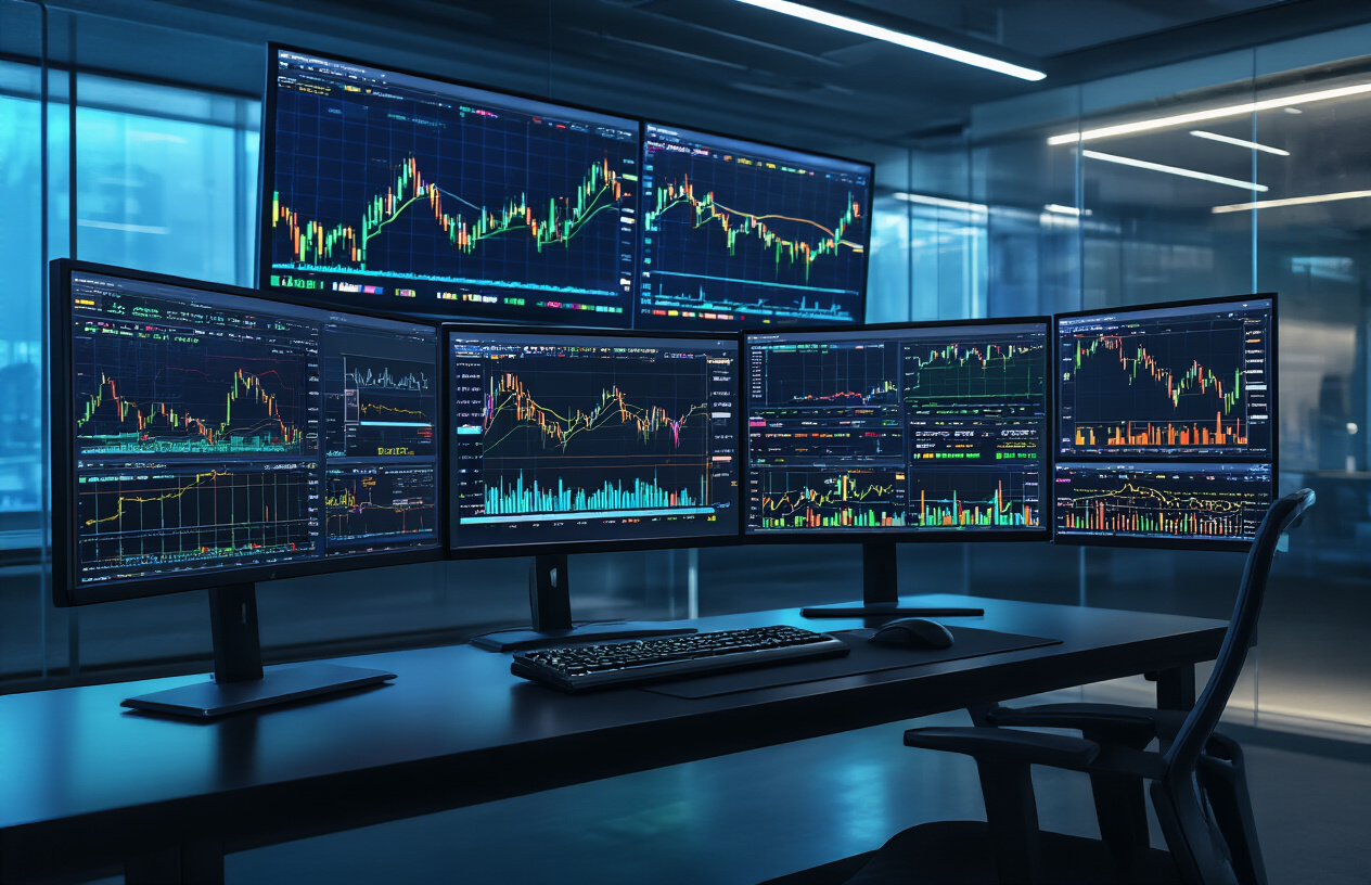 Create a realistic image of a modern trading floor with multiple large high-resolution monitors displaying colorful analytical charts, graphs, and data visualizations including candlestick charts, trend lines, and market indicators, a sleek black desk with a professional computer setup, subtle blue and green lighting creating a sophisticated atmosphere, clean minimalist background with glass walls, focus on the detailed financial analytics and data streams on the screens showing market performance metrics, absolutely NO text should be in the scene.