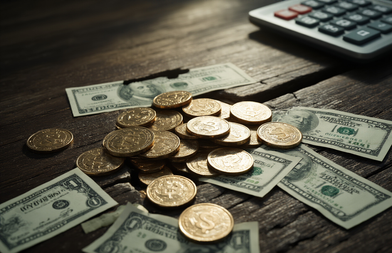 Create a realistic image of a close-up view of scattered coins and dollar bills with some falling through cracks or gaps in a wooden surface, representing money being lost through hidden fees, with a dark wooden desk background, moody lighting with shadows, and a calculator partially visible showing declining numbers, creating an atmosphere of financial concern and unnoticed profit erosion, absolutely NO text should be in the scene.