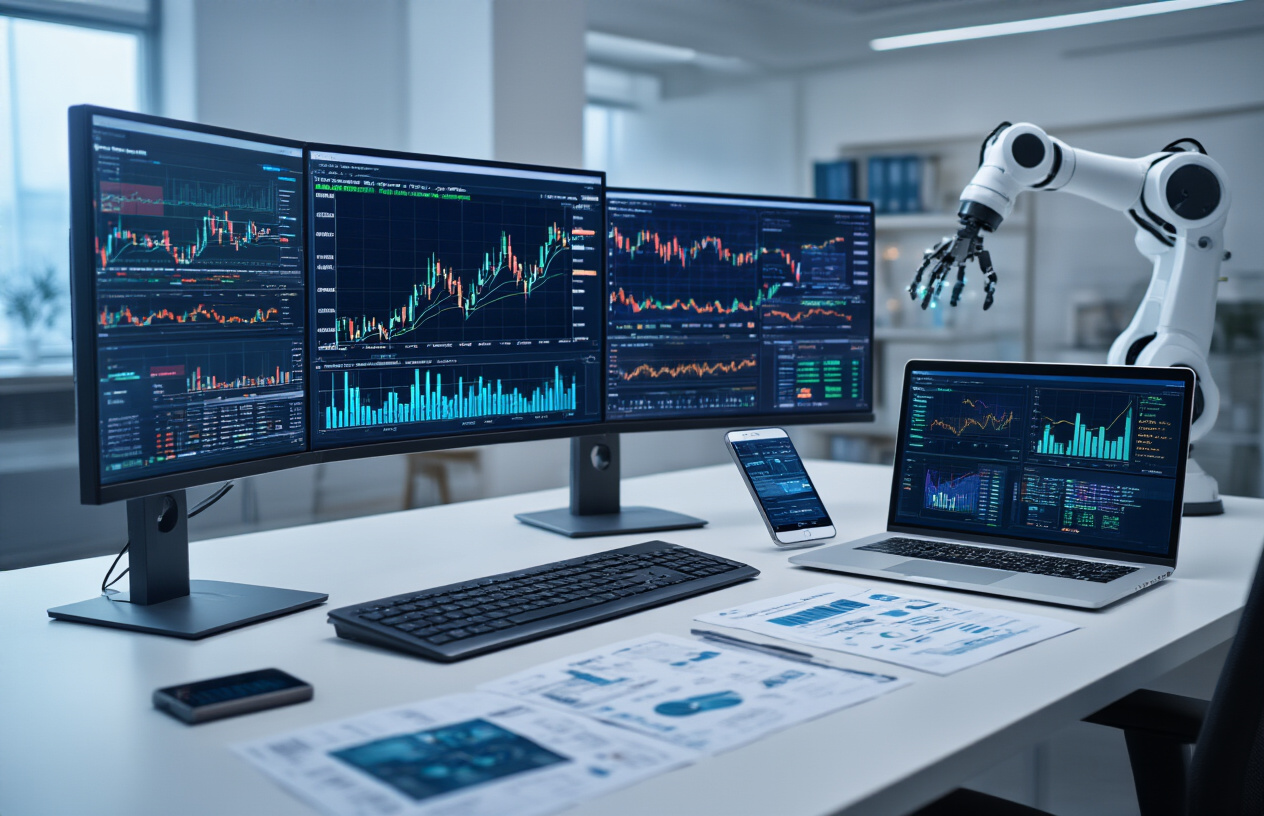 Create a realistic image of a modern digital workspace showing AI-powered investment tools with multiple computer monitors displaying colorful stock charts, trading graphs, and financial data visualizations, a sleek laptop with investment dashboard interface, smartphone showing trading app, financial documents scattered on a clean white desk, robotic arm or AI circuit board elements subtly integrated into the scene, soft blue and green LED lighting creating a high-tech atmosphere, clean minimalist office background with subtle technology elements, professional and innovative mood conveying artificial intelligence in finance, absolutely NO text should be in the scene.