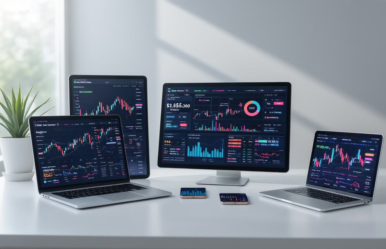 Create a realistic image of multiple smartphone and tablet screens displaying various AI investment platform interfaces with colorful charts, graphs, and trading dashboards, arranged on a modern white desk surface alongside a laptop computer, with soft natural lighting from a window creating gentle shadows, and a clean minimalist background suggesting a professional workspace environment, absolutely NO text should be in the scene.
