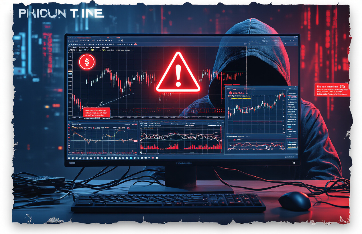 Create a realistic image of a computer screen displaying trading charts and financial data with red warning symbols and alert notifications overlaying the interface, a hooded figure's silhouette reflected subtly on the dark screen surface, multiple security breach warning pop-ups visible on the monitor, cables and hardware components partially visible around the setup, dramatic red and blue lighting creating an ominous cybersecurity threat atmosphere, absolutely NO text should be in the scene.