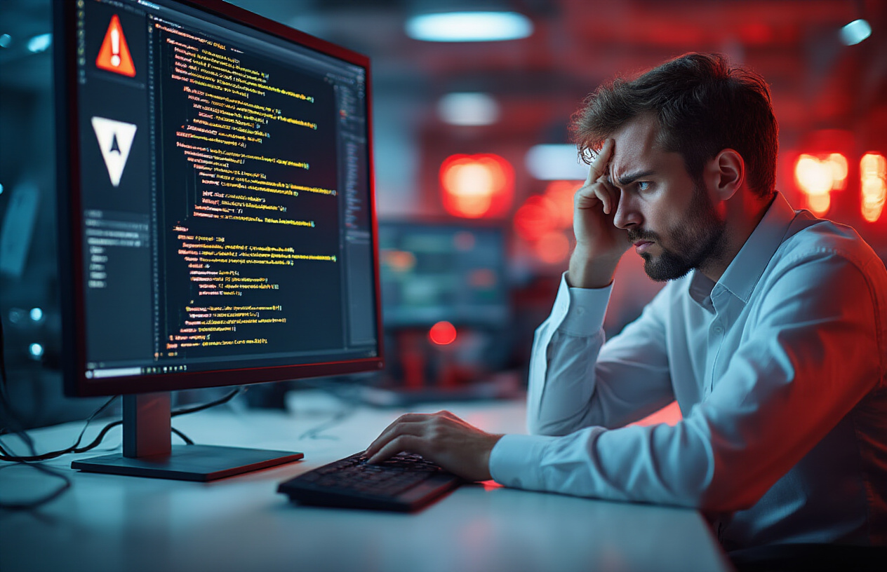 Create a realistic image of a close-up view of a computer screen displaying complex trading algorithm code with glaring gaps and missing lines of code, surrounded by warning symbols and error indicators, with a frustrated white male programmer in business attire sitting at a desk with his head in his hands in the background, dimly lit office environment with red warning lights casting shadows, conveying a sense of concern and technical failure, absolutely NO text should be in the scene.
