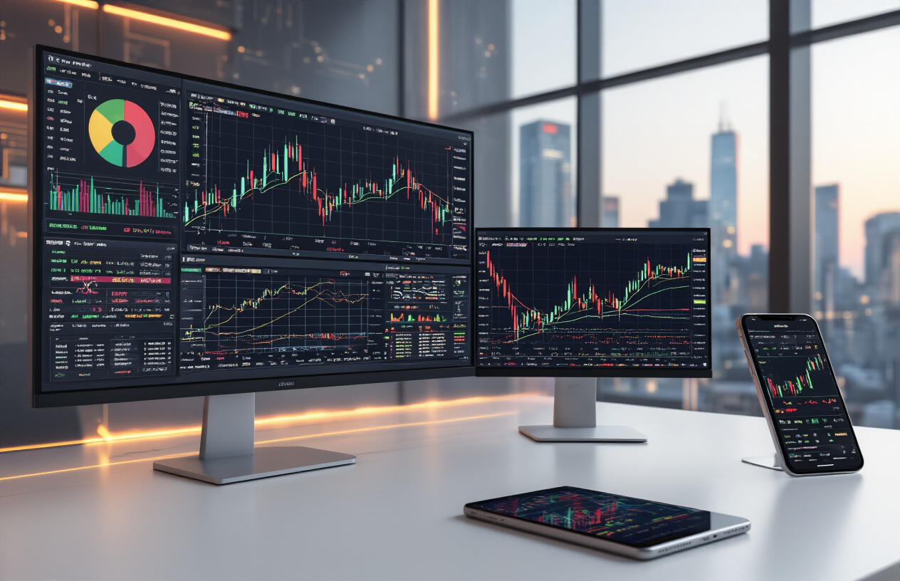 Create a realistic image of a modern, sleek trading workspace featuring multiple computer monitors displaying colorful financial charts, graphs, and trading data with upward trending lines, a smartphone showing a trading app interface, and a tablet on a clean white desk, surrounded by subtle AI-themed elements like circuit board patterns in the background, warm ambient lighting creating a professional and successful atmosphere, with a city skyline visible through large windows in the background, conveying prosperity and technological advancement, absolutely NO text should be in the scene.