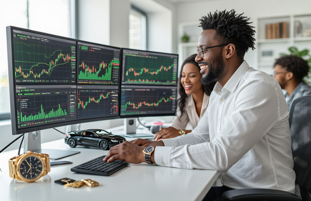Create a realistic image of a diverse group of successful traders celebrating profits, showing a white male and black female looking at multiple computer screens displaying green upward trending cryptocurrency and stock charts, expensive items like luxury watches and car keys on a modern desk, bright office environment with natural lighting, expressions of excitement and satisfaction, high-end technology setup with multiple monitors, absolutely NO text should be in the scene.