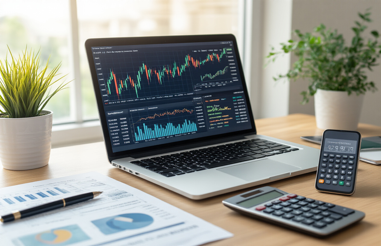 Create a realistic image of a modern office desk scene with an open laptop displaying colorful investment charts and graphs, financial documents scattered nearby, a smartphone showing portfolio analytics, calculator, and a potted plant, with soft natural lighting from a window creating a professional atmosphere, absolutely NO text should be in the scene.