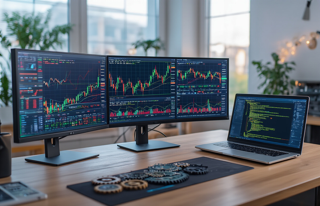 Create a realistic image of a modern computer workstation with multiple monitors displaying complex trading charts, graphs, and market data with colorful candlestick patterns and technical indicators, a sleek laptop showing algorithmic trading code on the screen, mechanical gears and circuit board elements subtly integrated into the scene to represent AI automation, a clean office environment with soft natural lighting from a window, and a professional atmosphere that conveys technological sophistication and financial analysis, absolutely NO text should be in the scene.