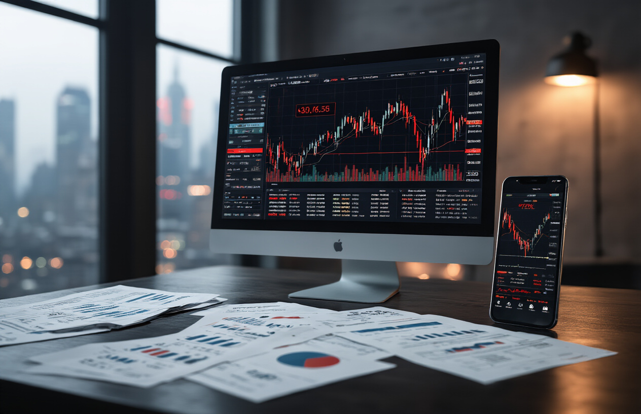 Create a realistic image of a sleek modern workspace showing a computer monitor displaying financial charts and trading graphs with red warning indicators and declining stock prices, a smartphone with trading app notifications nearby, scattered financial documents on a dark wooden desk, dramatic side lighting creating shadows that emphasize the serious and cautionary mood, with a subtle background of blurred city lights through a window suggesting the high-stakes financial world, absolutely NO text should be in the scene.