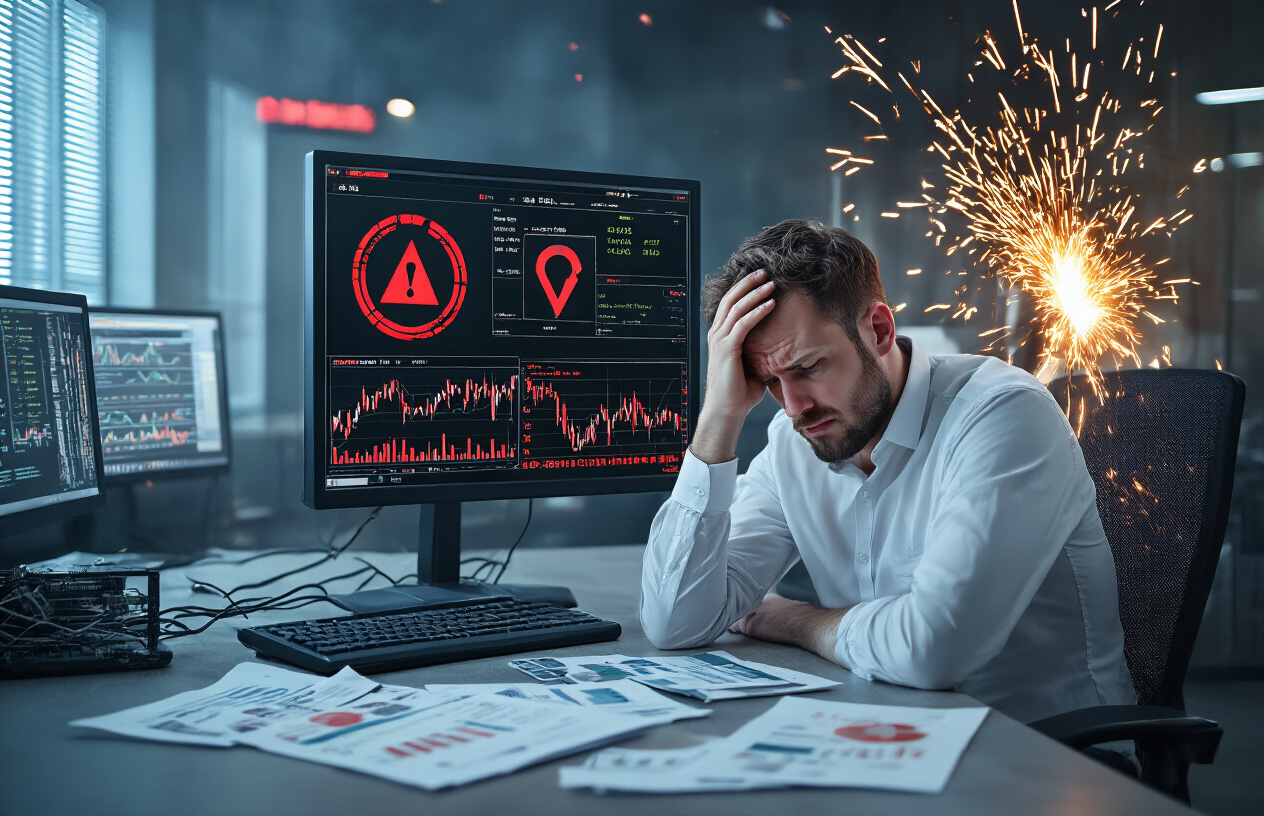 Create a realistic image of a computer screen displaying error messages and system failure warnings with red alert symbols, a crashed trading bot interface with frozen charts and disconnected data feeds, sparks or smoke coming from computer hardware components, scattered financial documents showing losses, a worried white male trader holding his head in his hands sitting at a modern trading desk, dimly lit office environment with emergency lighting, creating a tense and concerning atmosphere that conveys technical malfunction and financial risk, absolutely NO text should be in the scene.