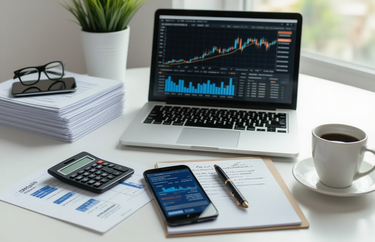Create a realistic image of a modern workspace showing a step-by-step planning process with a laptop displaying financial charts and investment graphs, a smartphone with trading app interface, neat stack of documents, a pen and notepad with handwritten action items, calculator, and coffee cup arranged on a clean white desk, soft natural lighting from a window, professional and organized atmosphere suggesting methodical investment planning, absolutely NO text should be in the scene.