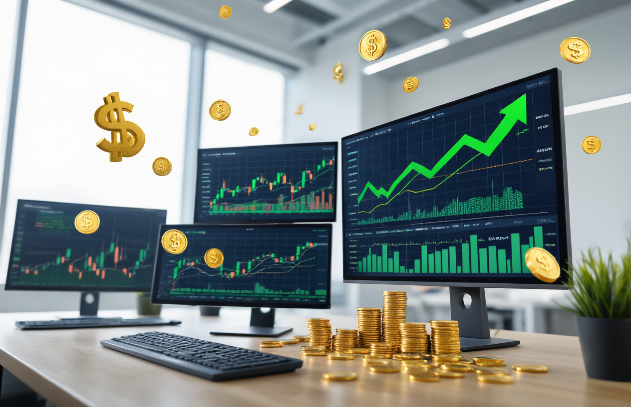 Create a realistic image of upward trending financial charts and graphs displayed on multiple computer monitors showing green profit arrows and positive percentage gains, with gold coins and currency symbols floating around the screens, set in a modern trading office environment with sleek desks and professional lighting, conveying success and financial growth through algorithmic trading optimization, absolutely NO text should be in the scene.