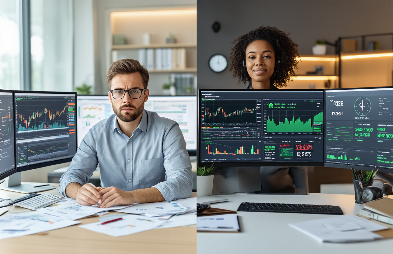 Create a realistic image of a modern office environment showing a split-screen comparison with a busy white male trader on the left surrounded by multiple computer monitors, papers, and looking stressed while manually analyzing charts, and on the right side a relaxed black female trader with a clean, organized desk featuring a single sleek monitor displaying automated AI trading dashboards with green profit indicators, clocks showing different time zones in the background, warm professional lighting, and a calm, efficient atmosphere that emphasizes the contrast between manual and AI-powered trading efficiency, absolutely NO text should be in the scene.